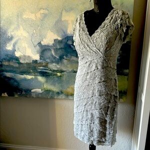 Marina petite 10 Chic Lace Dress in Soft Gray